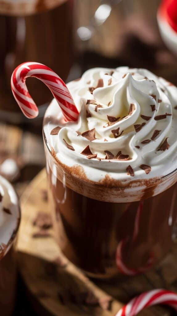 A candy cane resting on the rim, whipped cream twirled like snow, and chocolate flakes scattered like confetti.
