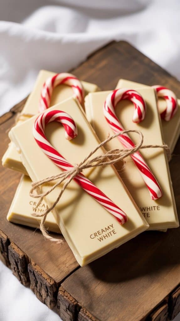 Creamy white bars with red candy-cane swirls tied in baker's twine.