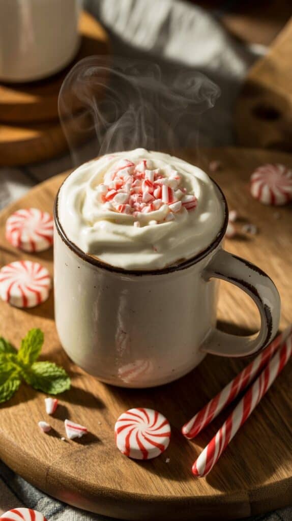 Hot Chocolates: A creamy white mug topped with a snowy swirl of whipped cream, red-and-white candy cane dust glimmering like Christmas confetti.