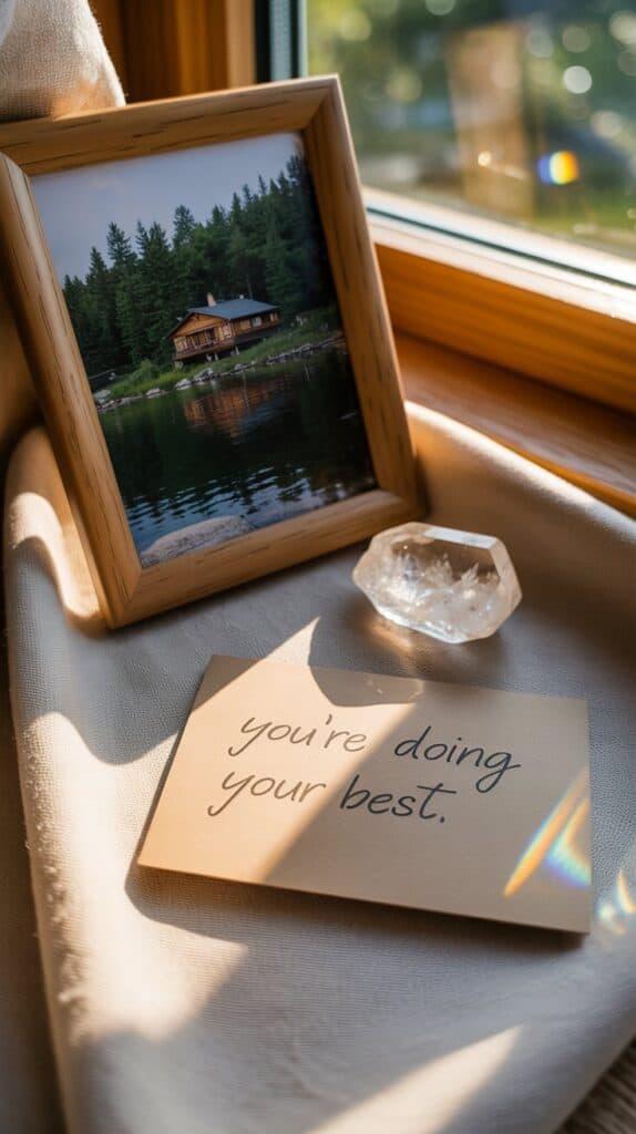 A framed photo of your favorite place, a small crystal that catches light, and a handwritten note that says, “You’re doing your best.” It’s your energy, reflected in objects that make you feel safe and seen.