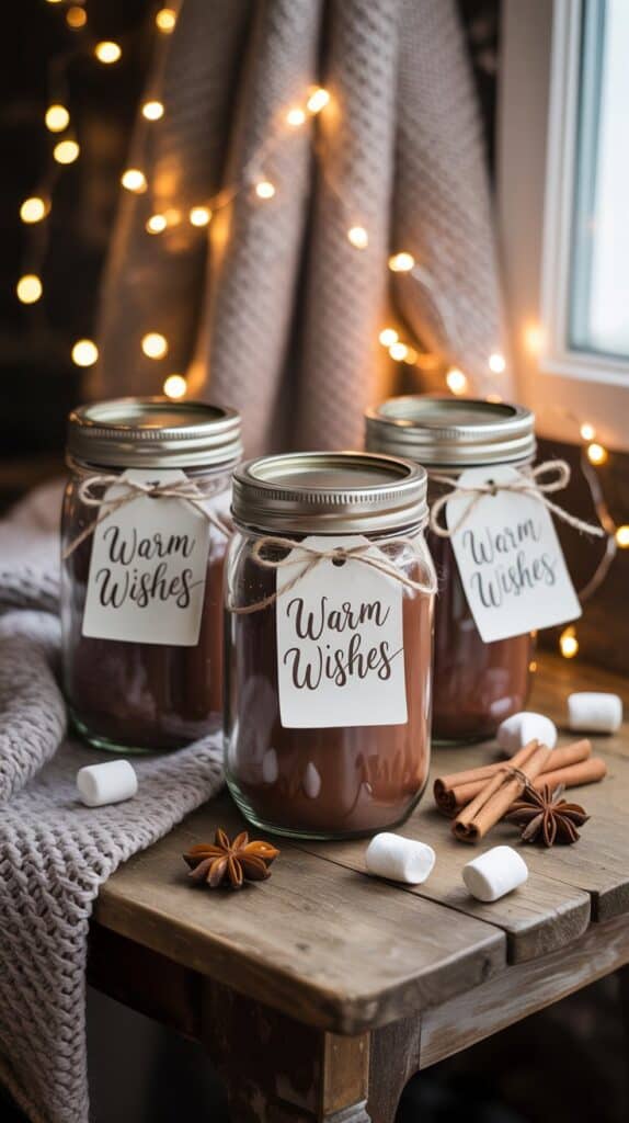 15 Cozy Christmas Crafts: Layers of cocoa, tiny peppermint bits, and mini marshmallows stacked like snowy strata with a hand-lettered tag: "Warm Wishes."