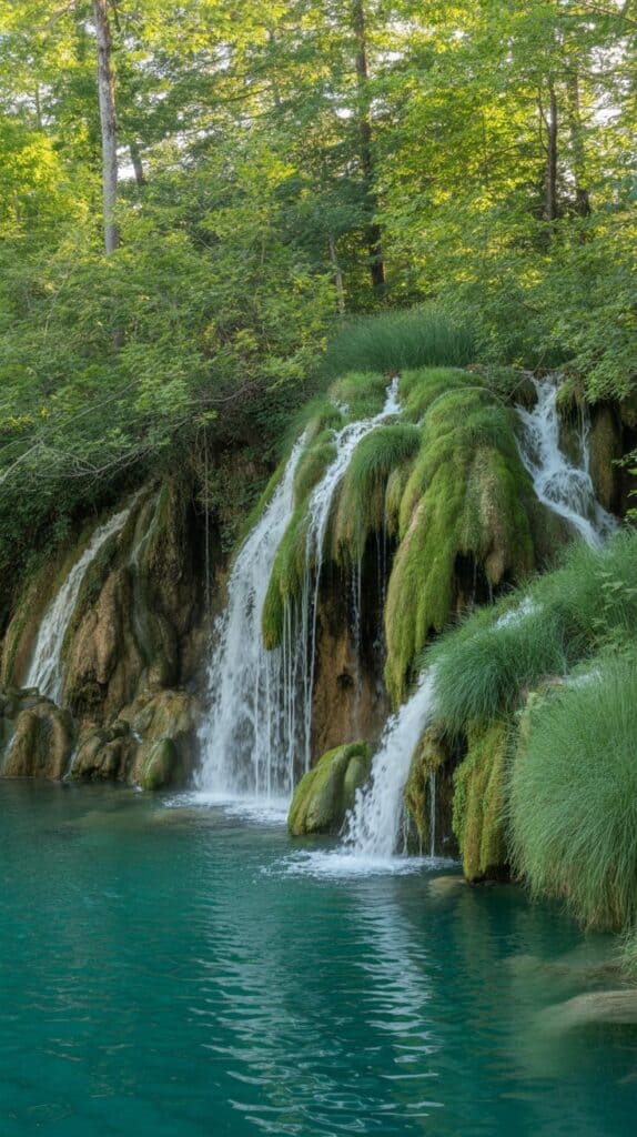 Wooden walkways winding over crystal-clear lakes, each cascading into the next.