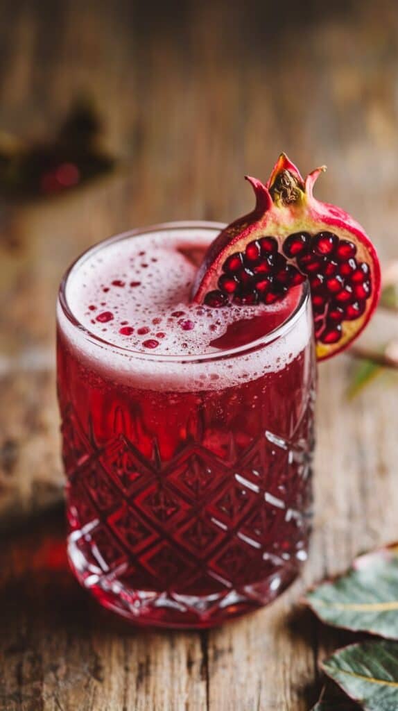 A deep garnet drink bubbling under golden light, with ruby pomegranate seeds shimmering like edible confetti.