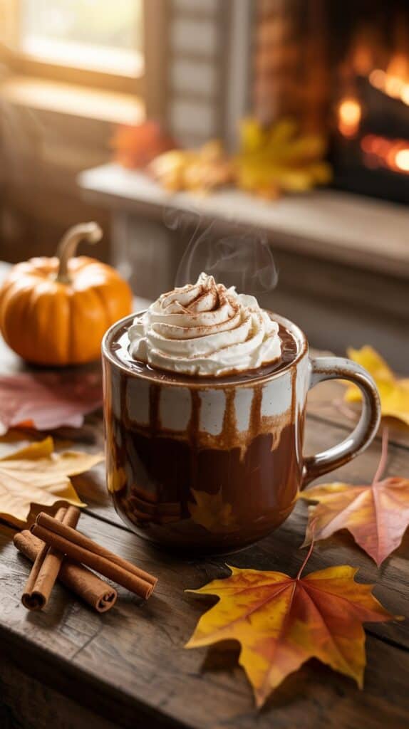 Hot Chocolates: Warm golden foam dusted with cinnamon, the faint aroma of pumpkin pie filling the air as you curl up in a blanket.