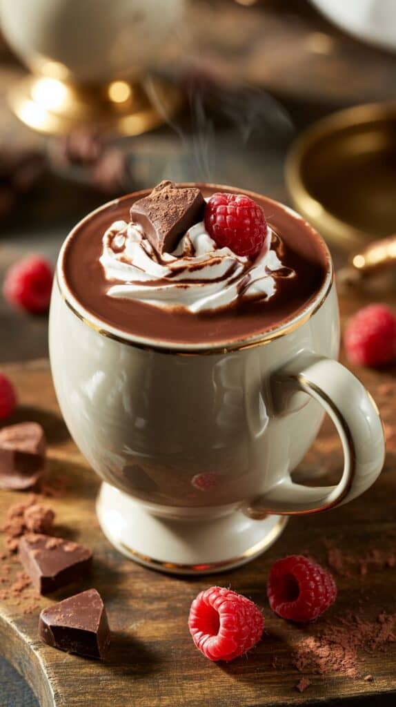 Deep ruby raspberries sinking into velvety cocoa, streaks of pink syrup swirling through dark chocolate like art.