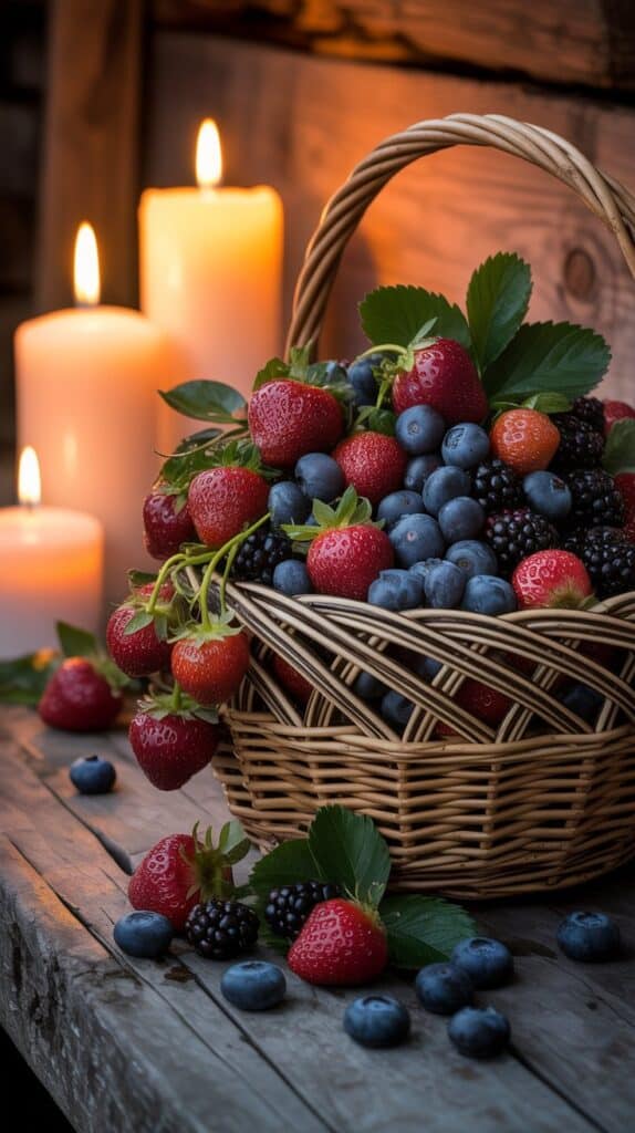 A charming basket centerpiece that looks straight out of a cozy cabin, with berries glinting under candlelight.