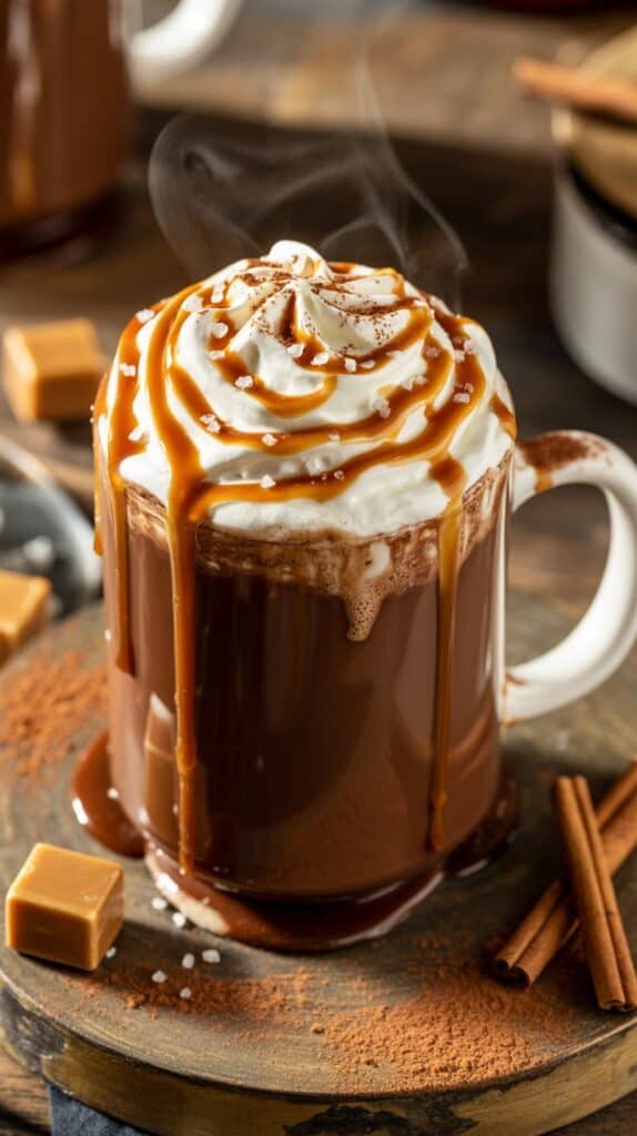 Caramel dripping lazily down the mug, sea salt crystals sparkling like frost on whipped peaks.