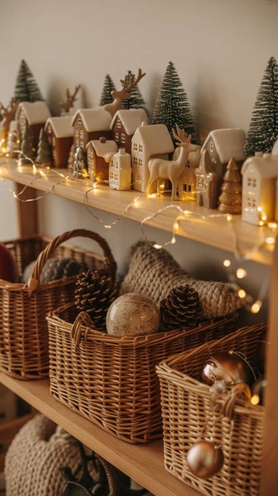  A shelf glowing with tiny string lights, filled with cozy baskets below and holiday figurines above.