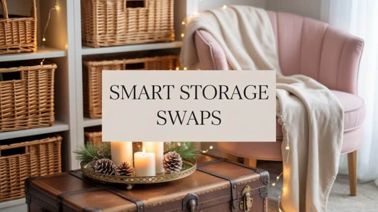Smart Storage Swaps. Cozy room with wicker baskets on shelves, a pink armchair draped with a blanket, candles on a wooden trunk, and "Smart Storage Swaps" text overlay. Warm ambiance.