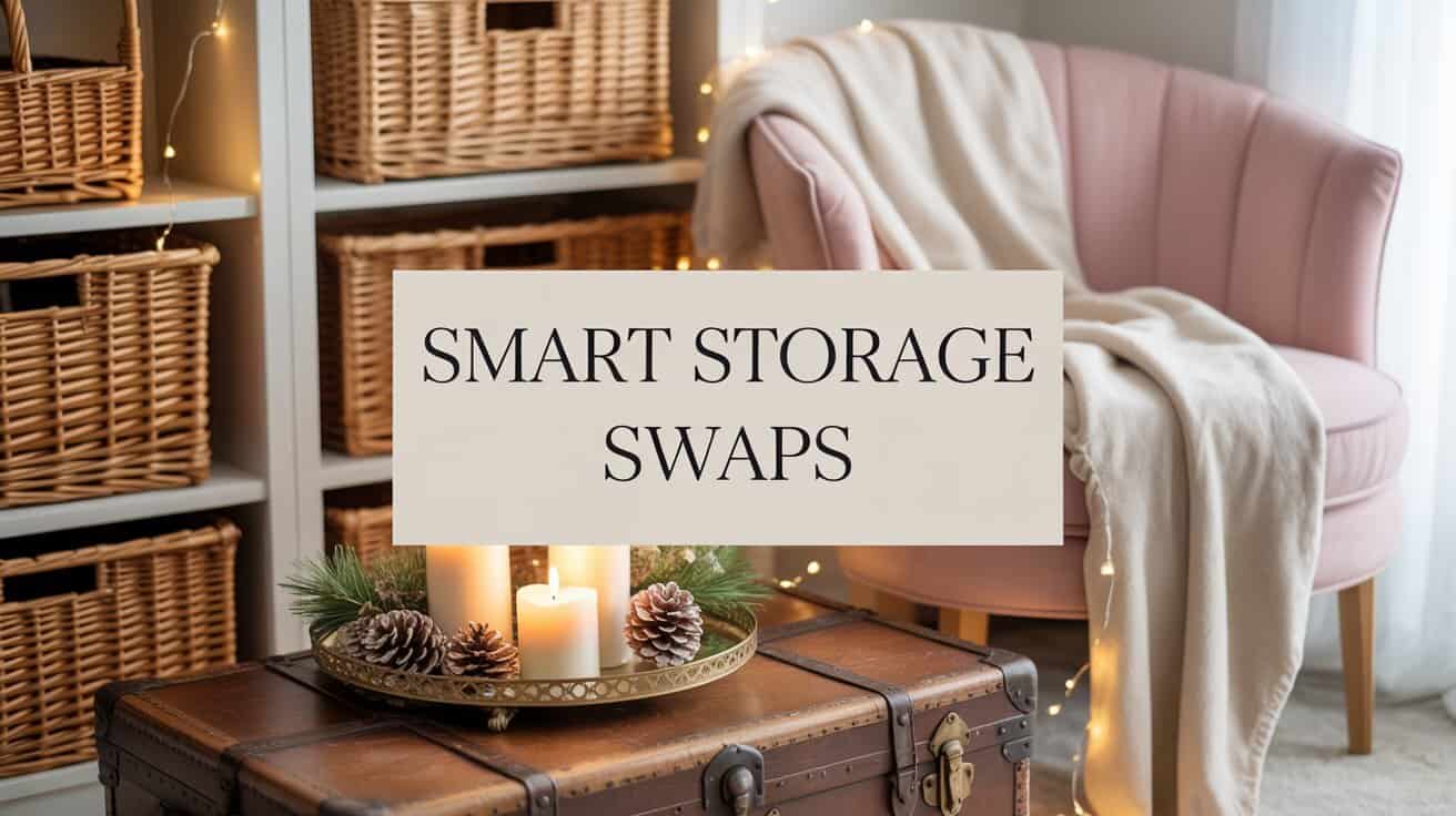 Smart Storage Swaps. Cozy room with wicker baskets on shelves, a pink armchair draped with a blanket, candles on a wooden trunk, and "Smart Storage Swaps" text overlay. Warm ambiance.