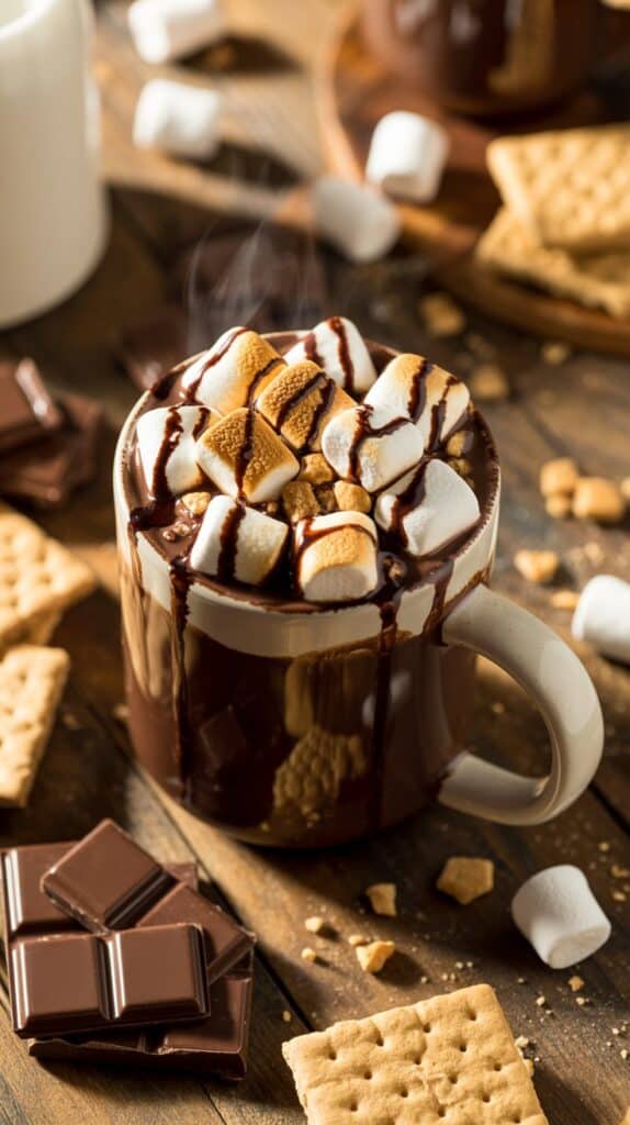 Marshmallows perfectly golden, melting just enough to sink into rich cocoa, with bits of graham cracker clinging to the rim.