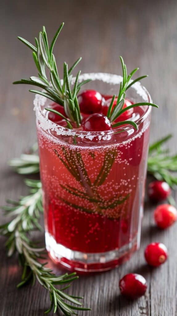 A ruby-red drink sparkling in the glass, tiny bubbles catching the light, with rosemary like a miniature Christmas tree sprig.