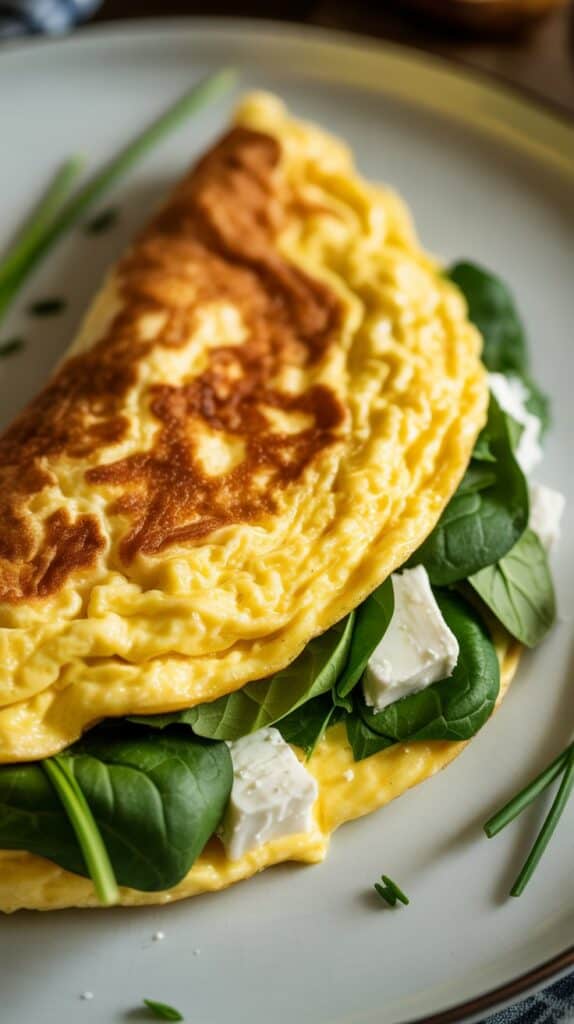  A golden omelet with bright green spinach and crumbles of tangy feta spilling from the middle.
