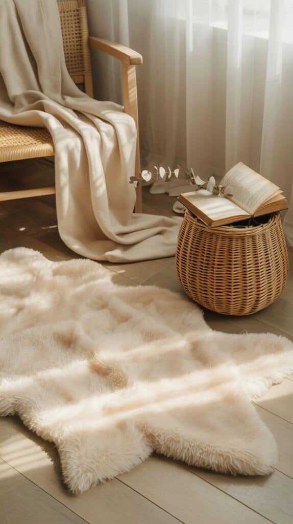 Create a Self-Care Corner: A soft neutral rug under your feet, a cream-colored blanket draped over a chair, and a woven basket holding your favorite book. It’s minimal but inviting, every detail whispers “slow down.”