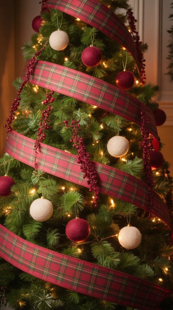 A complete, green tree wrapped in red plaid ribbon, dotted with felt ornaments and dried cranberry garlands. The glow is warm and comforting, like the first sip of hot cocoa after a long day of decorating.