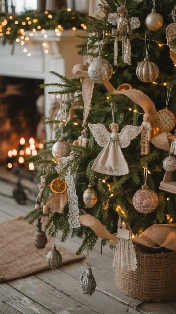 A tree glowing softly in amber light. Burlap ribbon drapes like gentle waves, while plaid bows peek between branches. There’s a tiny rocking horse that once belonged to your childhood tree, and a cinnamon scent that instantly feels like home