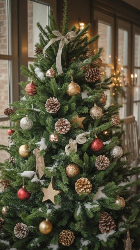 Branches dressed in pinecones dusted with faux snow, a string of tiny wooden beads winding between them. Cinnamon sticks peek out beside sprigs of eucalyptus, and small bird ornaments rest like woodland visitors.