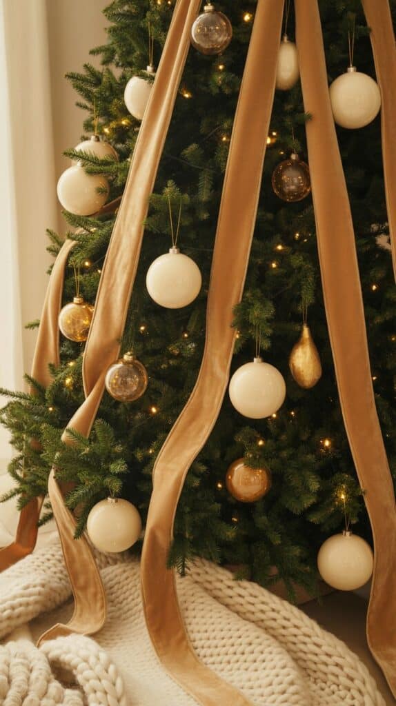 5 Farmhouse Christmas Tree Ideas: Velvet ribbons in sandy beige fall gracefully between branches. White ornaments shimmer like tiny moons, and golden baubles reflect candlelight most subtly. The base is wrapped in a knitted blanket that feels as cozy as a Sunday morning.