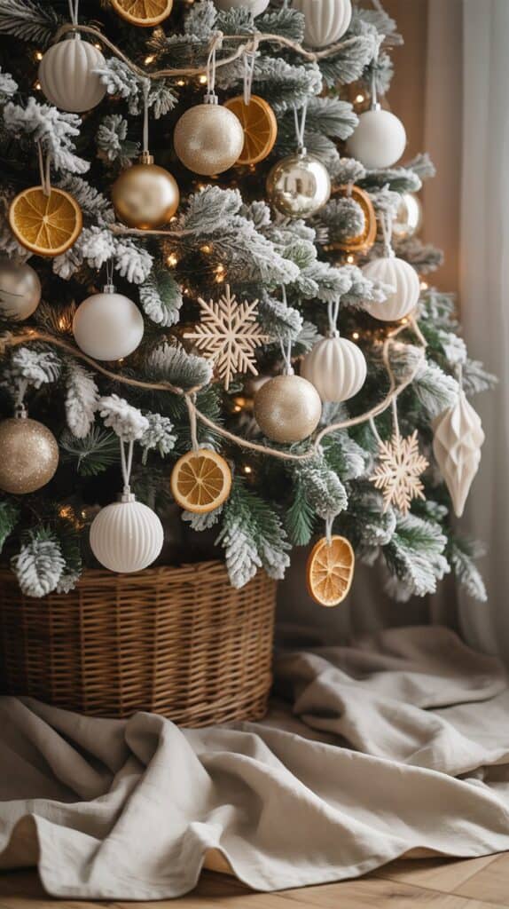 5 Farmhouse Christmas Tree Ideas: A frosted tree dusted with soft whites and creamy golds. Dried orange slices and wooden snowflakes hang from delicate twine. A woven basket hides the stand, and a linen throw pools at its base like freshly fallen snow.