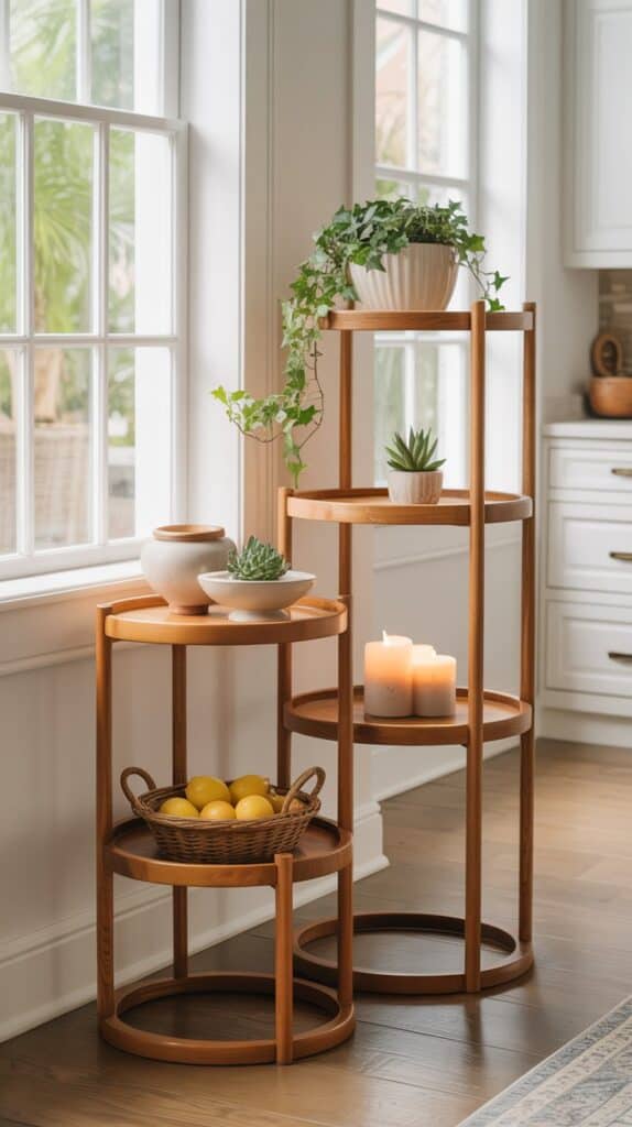 Smart Storage Swaps: A rustic stand filled with ornaments, pine sprigs, and candy, greeting guests right at the door.