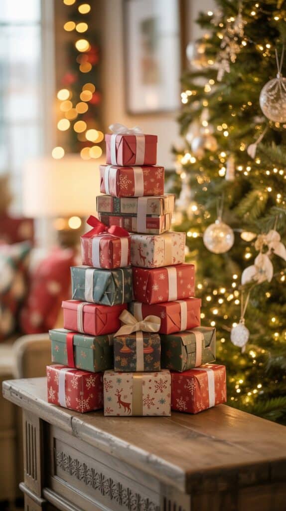 A colorful tower of tiny boxes sitting on the mantel, glowing in the soft light of your Christmas tree.