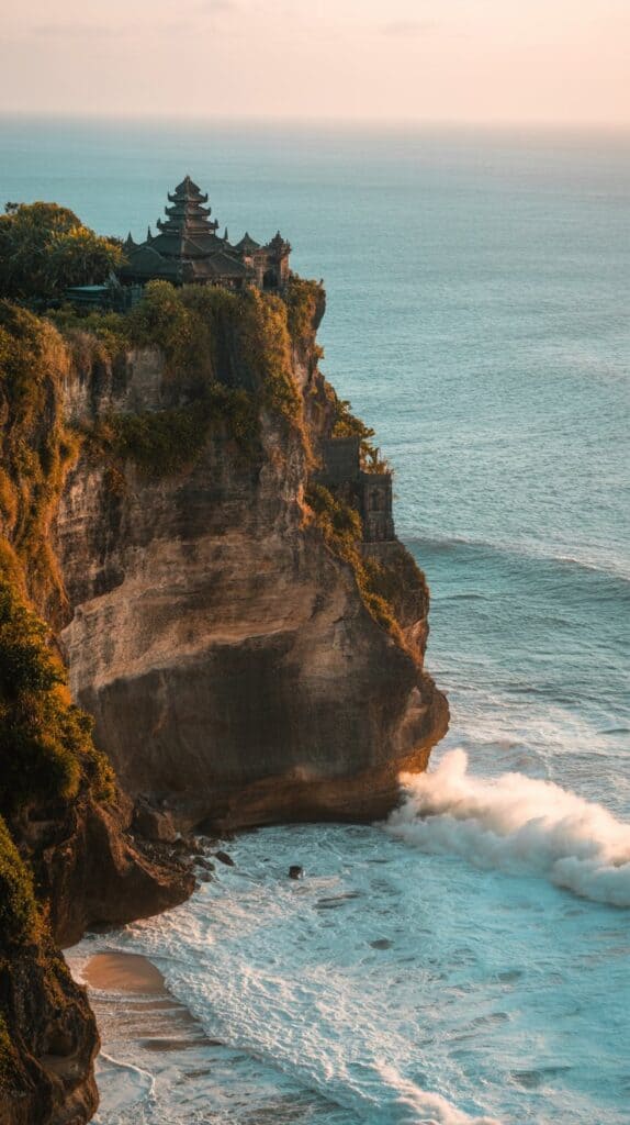 Ancient temple perched on a dramatic cliff overlooking a vast ocean. Waves crash against the rocky shore, with a serene sunset casting a warm glow.