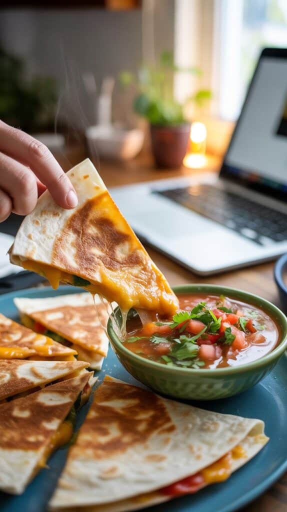 Quick Lunches for Work: A golden, bubbling quesadilla cut into triangles, oozing cheese as you dip it into fresh salsa between Zoom calls.