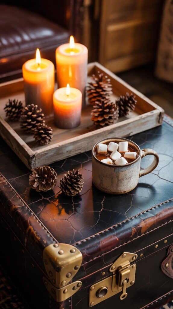 Smart Storage Swaps: A weathered leather trunk topped with a tray holding candles, pinecones, and a steaming mug of cocoa.
