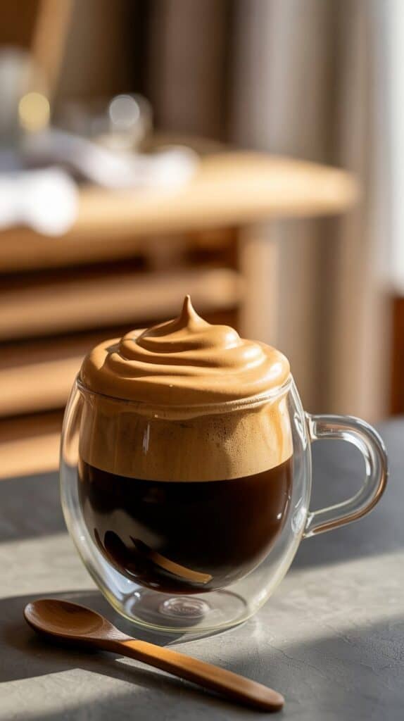Viral TikTok-Inspired Recipes: A glass of milk topped with rich, caramel-colored foam swirling slowly as it sinks.