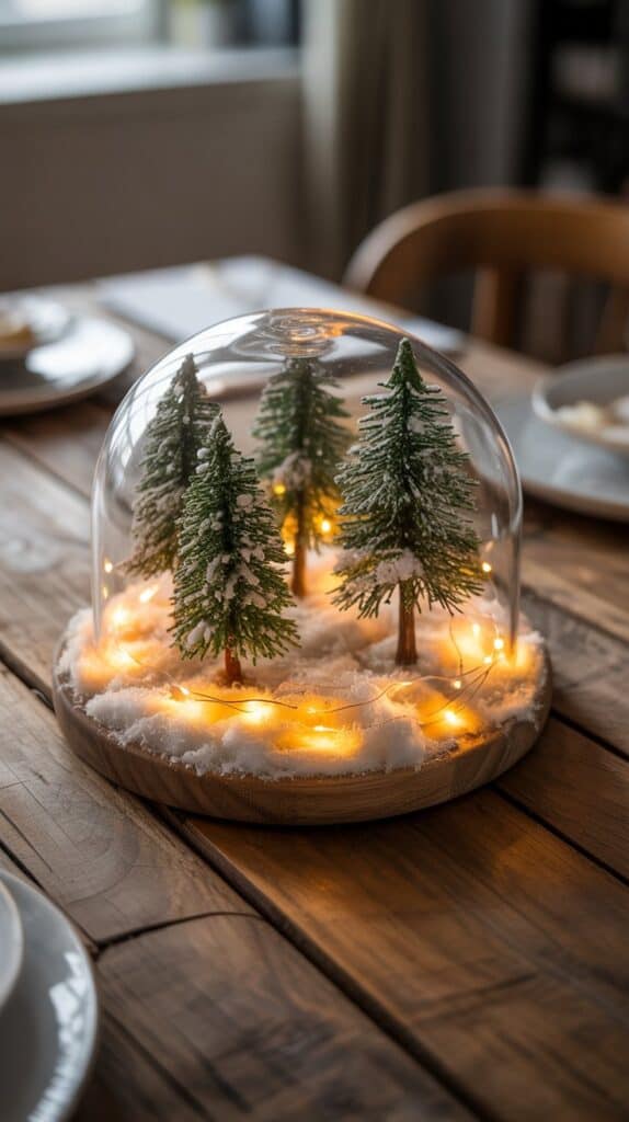 DIY Holiday Centerpieces: A miniature snowy forest resting in the center of your table, softly glowing from hidden fairy lights.