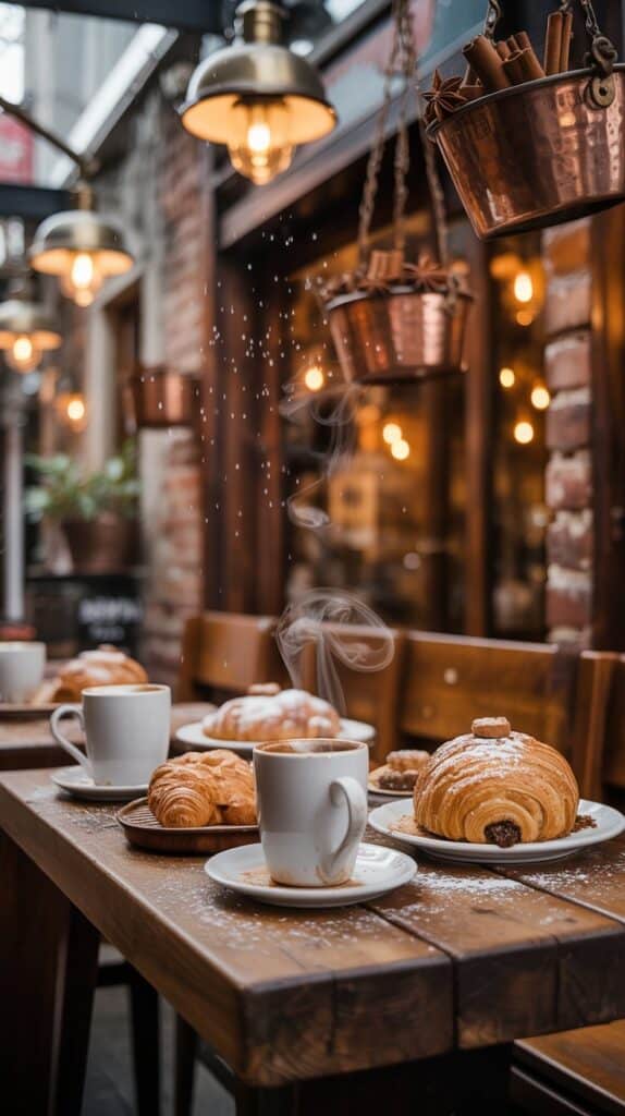 A tiny café filled with the smell of warm spices, powdered sugar falling like snow, and coffee mugs steaming beside golden pastries.