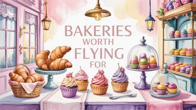 Illustration of a bakery scene with a “Bakeries Worth Flying For” sign. Features croissants in a basket and colorful cupcakes under glass domes on a pastel-colored table.