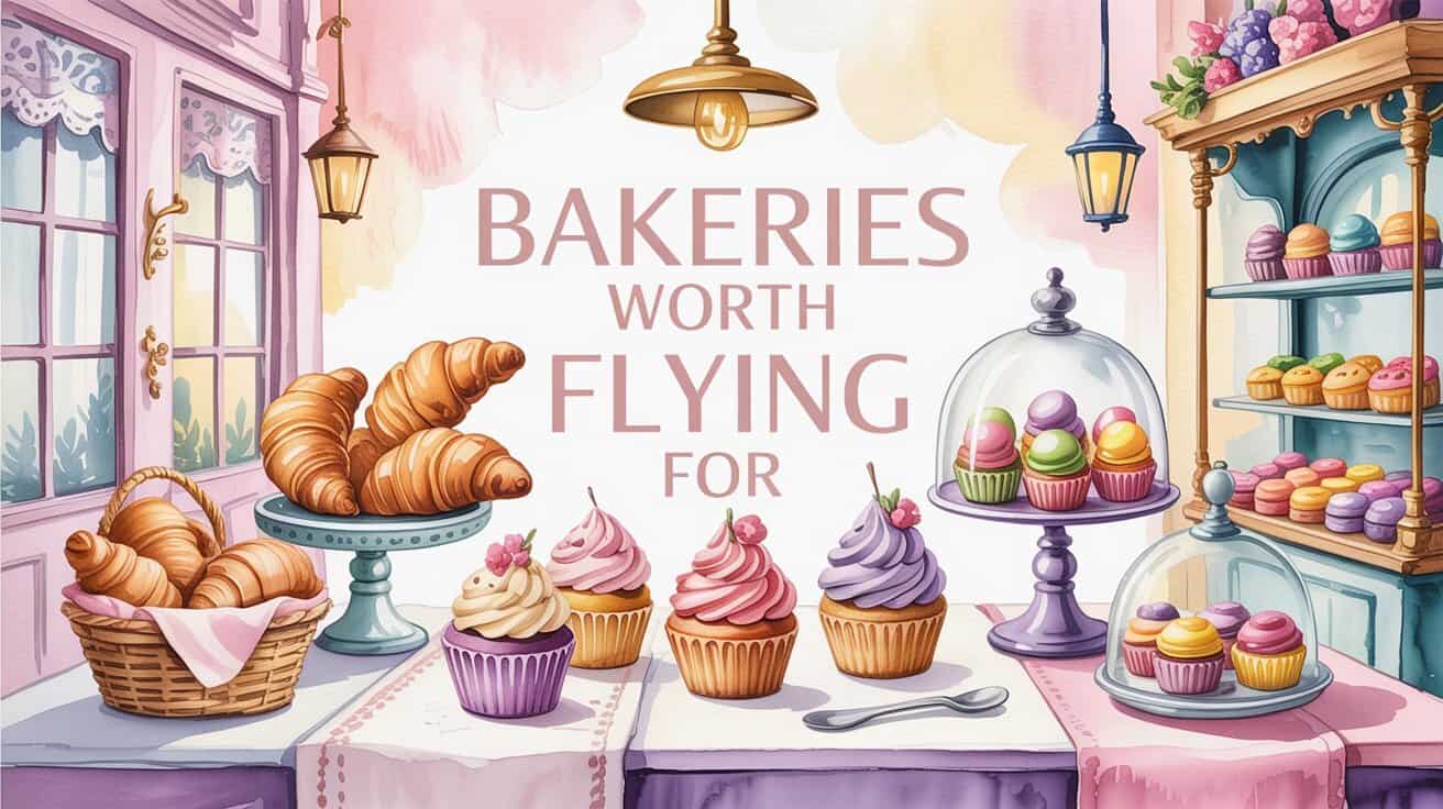 Illustration of a bakery scene with a “Bakeries Worth Flying For” sign. Features croissants in a basket and colorful cupcakes under glass domes on a pastel-colored table.