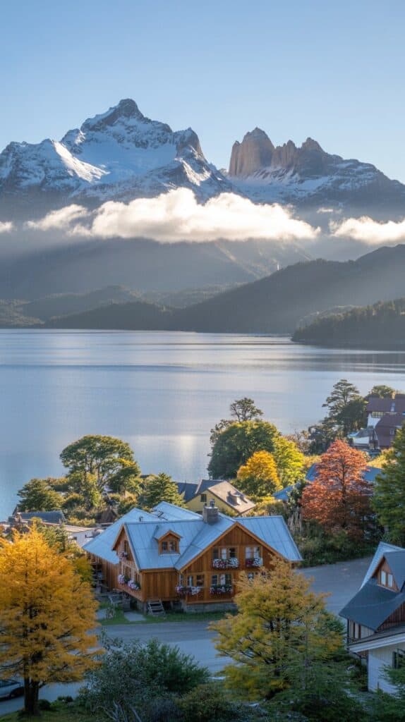 Scenic view of a serene lake framed by autumn trees and charming wooden houses, with snow-capped mountains under a cloudy blue sky in the background.