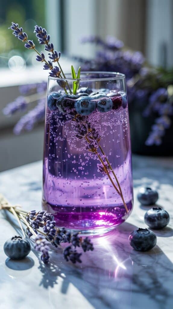 A pastel purple hue glowing in the glass, tiny bubbles clinging to blueberry skins, and a hint of lavender perfume in every sip.