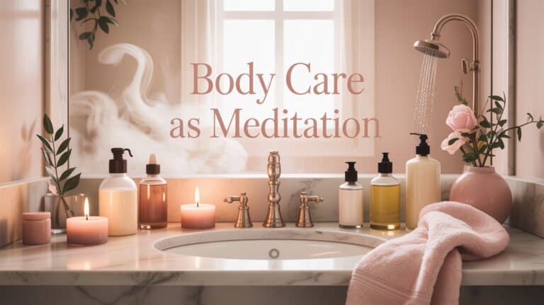 Body Care as Meditation. A serene bathroom scene with candles, soap dispensers, and a pink towel on a marble counter. Text reads "Body Care as Meditation." Soft lighting and calm ambiance.