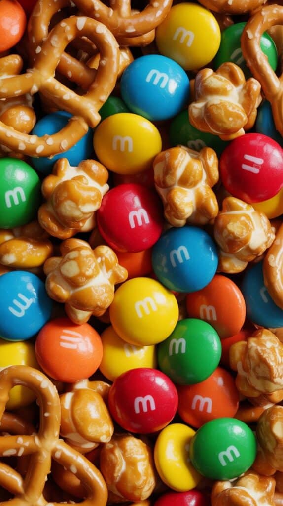 Pops of color from M&Ms tucked between glistening caramel clusters and golden pretzels, bright, bold, and joyful.