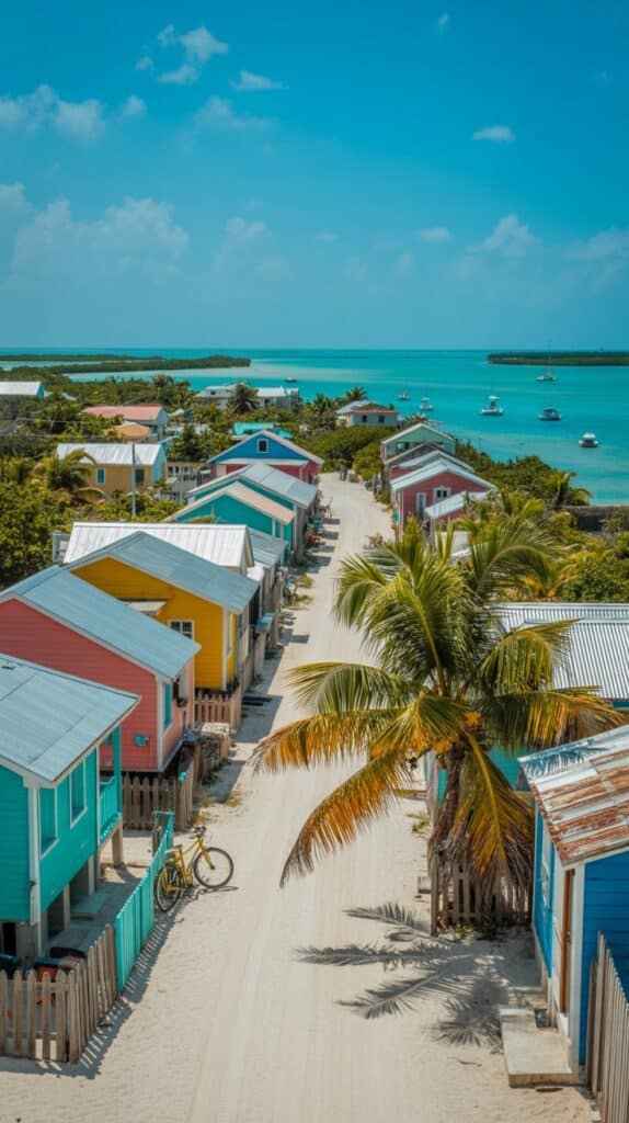 A vibrant coastal village with colorful beach huts lines a sandy path, surrounded by lush greenery and overlooking a serene bay dotted with boats.