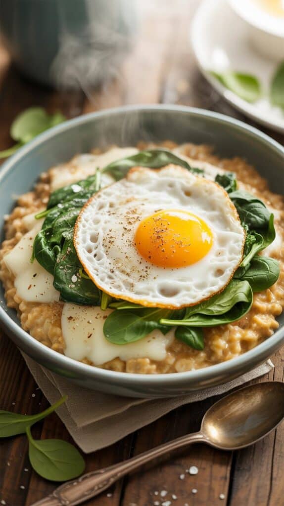 Melted cheese blending into the oats, bright green spinach adding freshness, and a golden egg yolk breaking open like liquid sunshine.