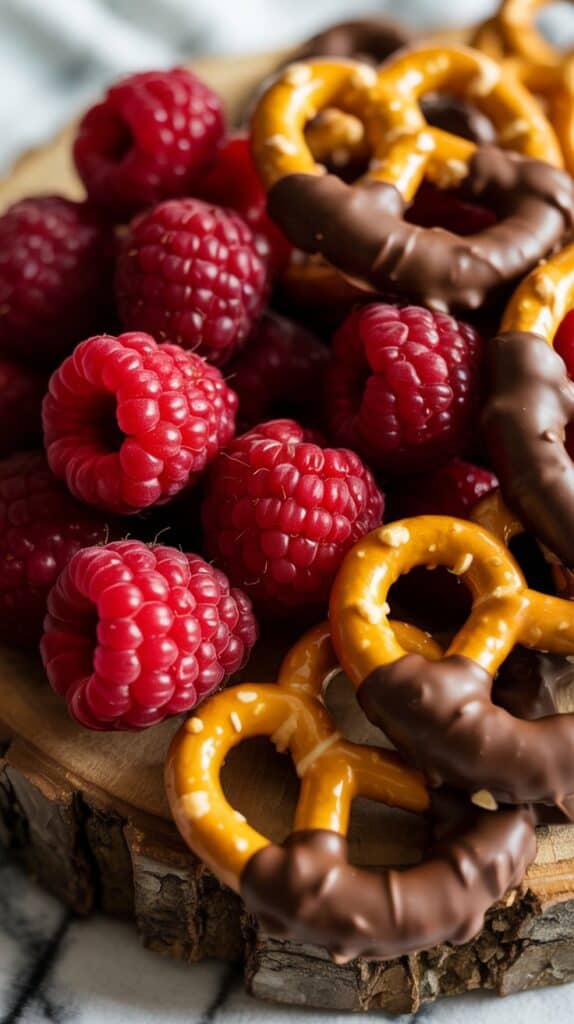 Plump red raspberries nestled beside chocolate-dipped pretzels, like a tiny charcuterie moment, but sweeter.
