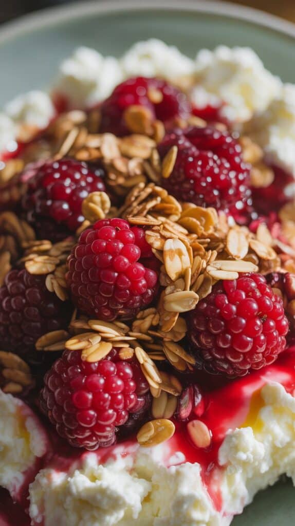 Bright red berries resting on a cloud of cottage cheese with a crunchy, savory sprinkle, fresh, creamy, and totally satisfying.