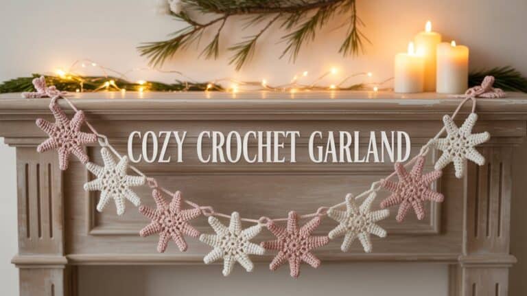 Crochet Winter Garland. A wooden mantel decorated with pink and white crochet star garland, lit candles, and pine garland. Text reads "Cozy Crochet Garland." Warm, festive ambiance.