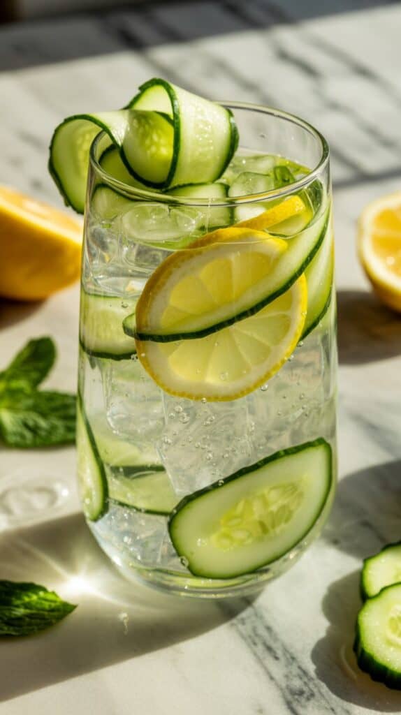 Non-Alcoholic Brunch Drinks: Frosted glass beading with condensation, cucumber ribbons twirling inside, and a single mint leaf floating on top like a mini spa moment.