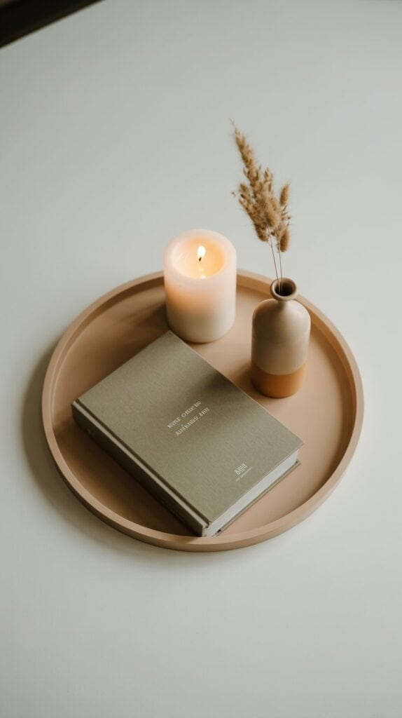 A neutral tray holding a candle, one coffee table book, and a single small vase; it’s minimal but visually balanced.
