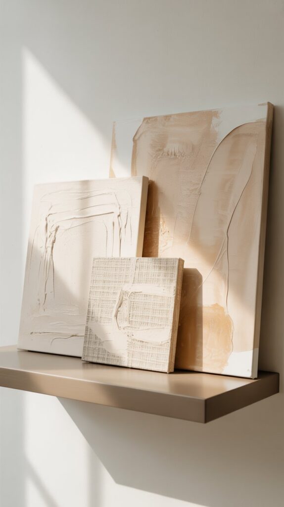 A trio of textured beige canvases leaning casually on a floating shelf; simple, abstract, and expensive-looking.