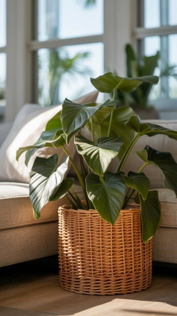 A large leafy plant in a woven basket tucked beside your sofa; simple, organic, and cozy.