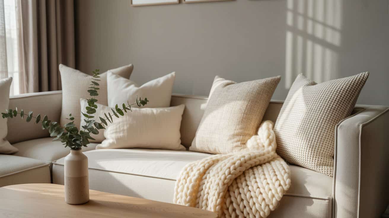 Decorating on a Dime. A cozy living room with a beige sofa adorned with textured cushions and a knitted throw. A vase with eucalyptus adds a natural touch. Soft sunlight streams in, creating a warm and inviting ambiance.