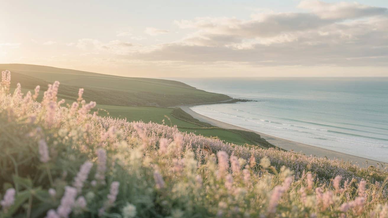 Digital Detox Destinations. Sunlit coastal scene featuring rolling hills and a tranquil beach, viewed over a field of pink wildflowers, creating a serene and picturesque landscape.