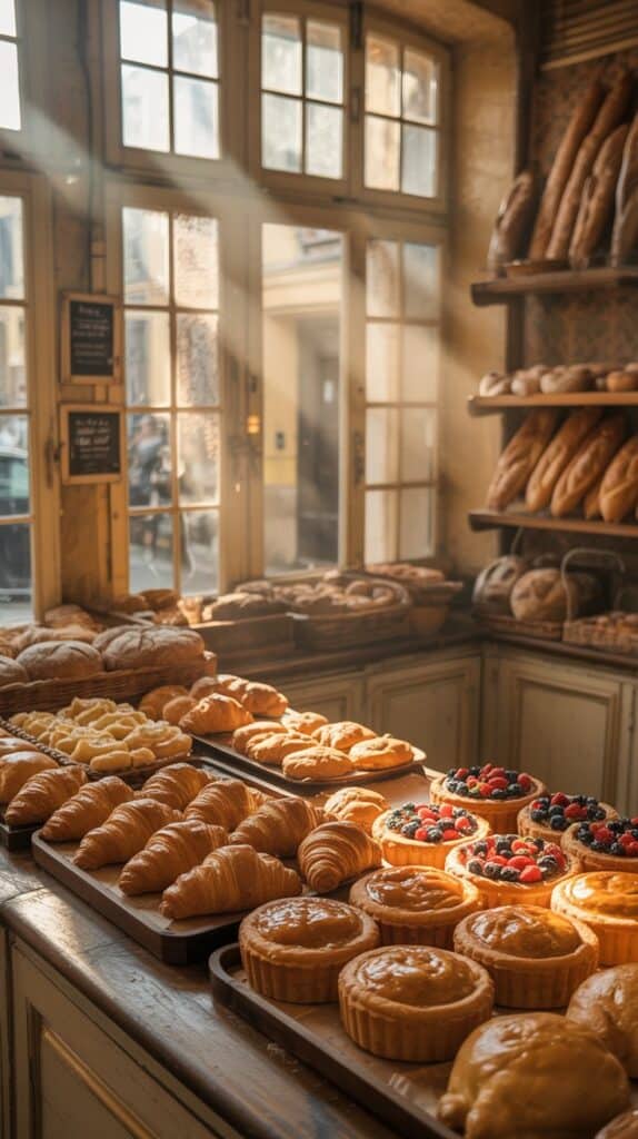 Golden light streaming through the shop’s old glass windows, trays of pastries glistening under the counter, and the smell of butter so rich it feels like a hug.