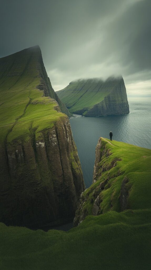 A person stands on a grassy cliff edge overlooking the sea, surrounded by towering cliffs under a cloudy sky, evoking solitude and awe.
